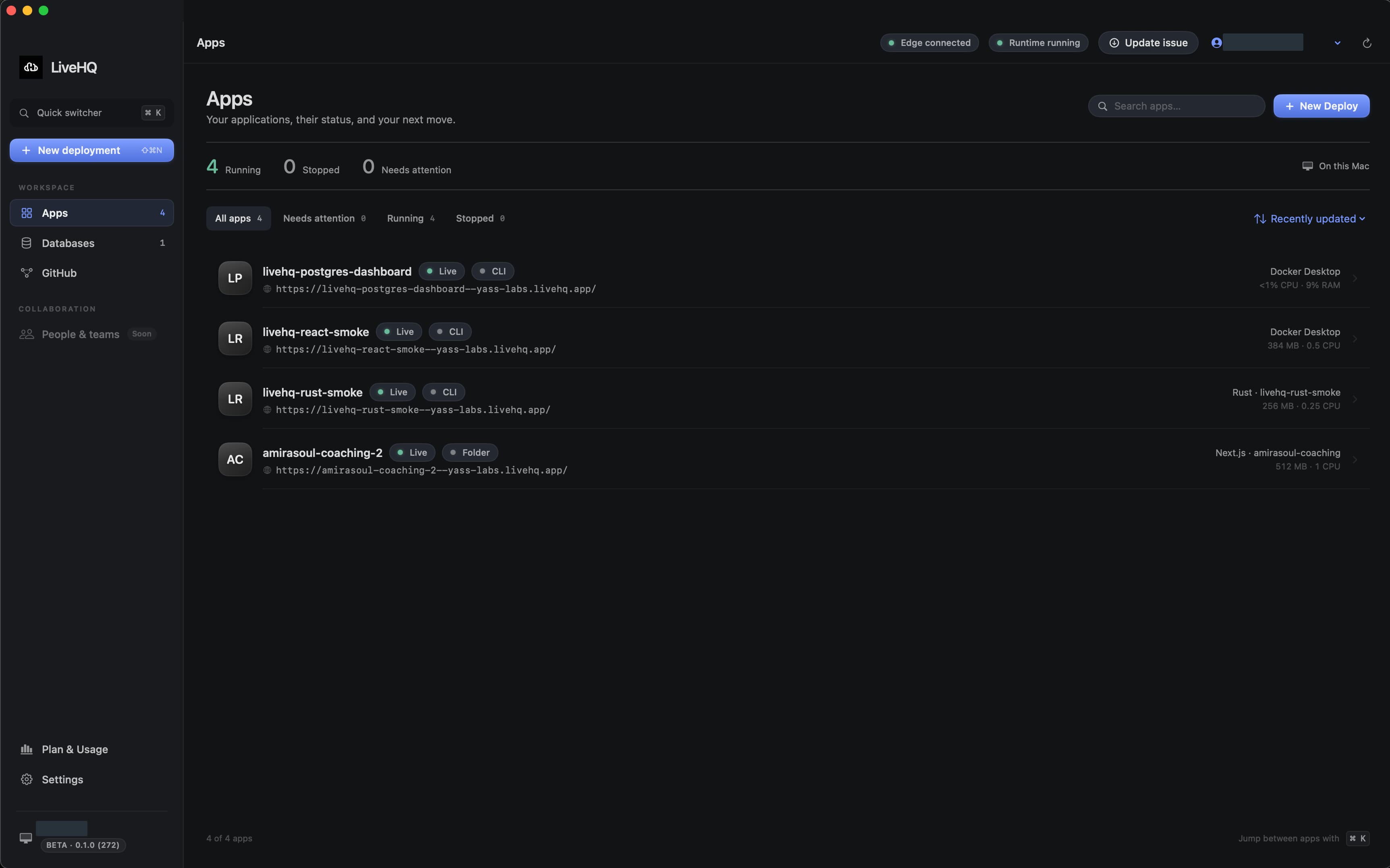 LiveHQ Apps showing status filters, recorded Live app rows, URLs, source badges, and New Deploy.