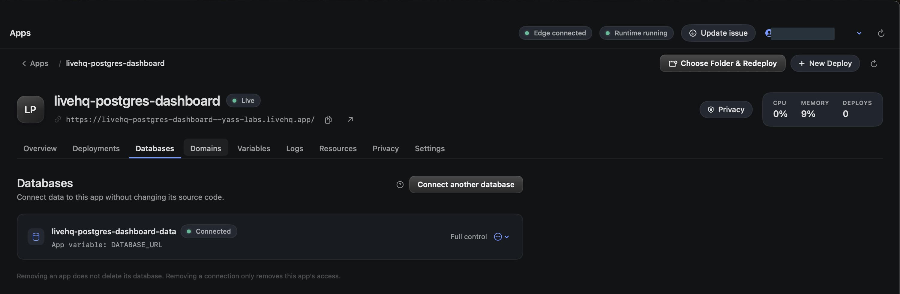 The app Databases tab showing a Connected database, Full control access, and the DATABASE_URL variable name.