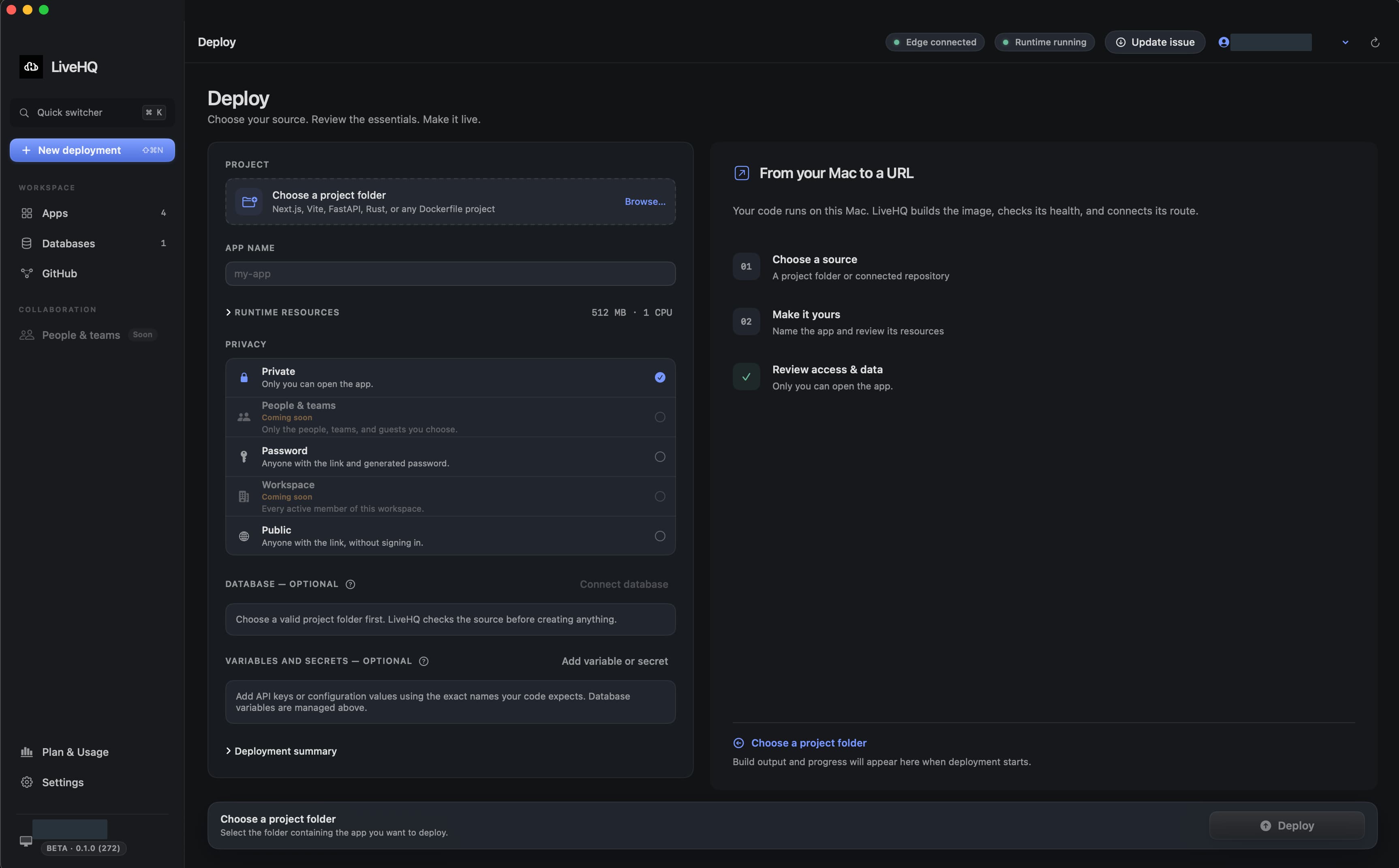 LiveHQ Deploy showing project selection, app name, collapsed runtime resources, private access, optional database and variables, and a persistent Deploy action.