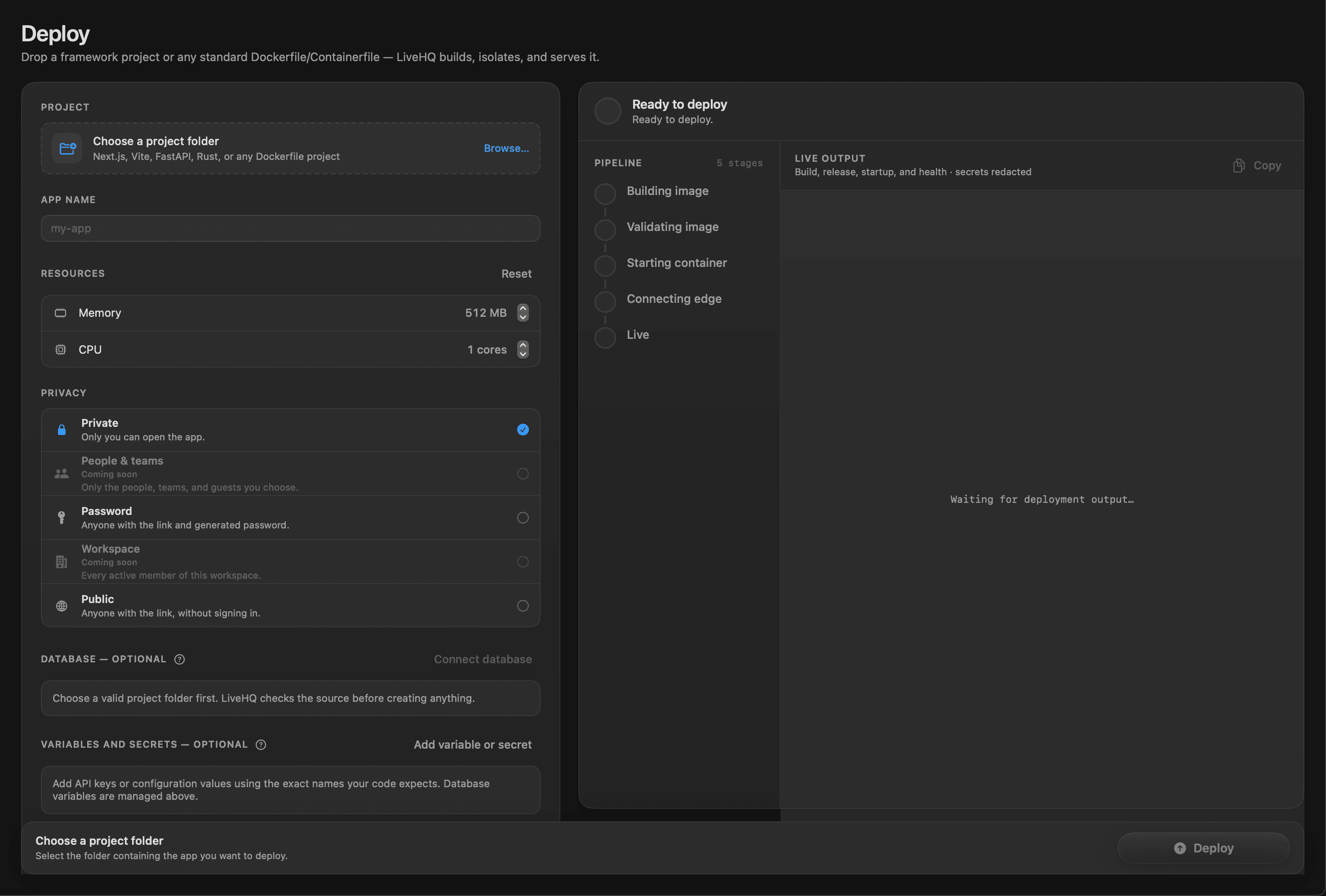 The LiveHQ deployment workspace with project configuration and deployment pipeline.