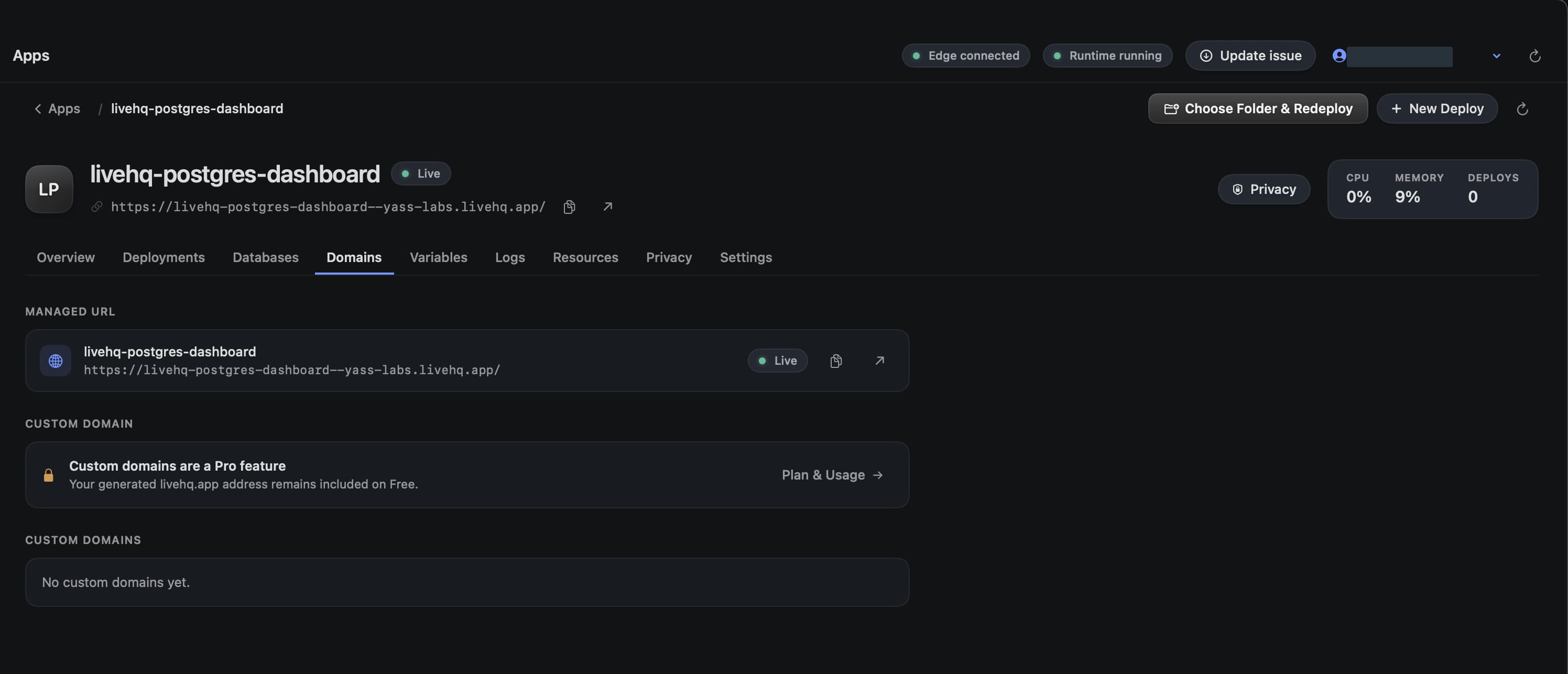 LiveHQ Domains with the app’s Live managed URL, copy and open controls, and the Pro requirement for custom domains.