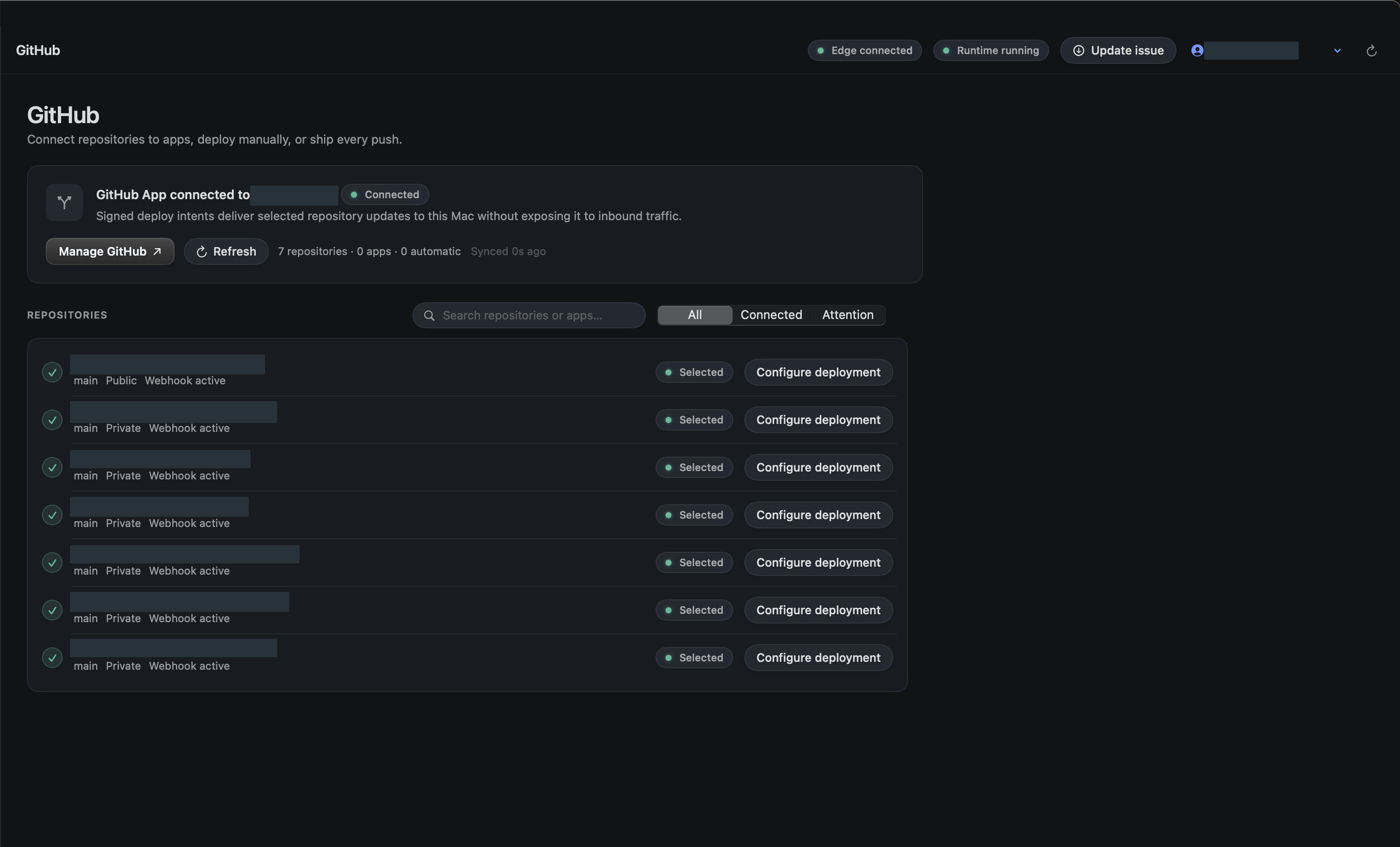 LiveHQ GitHub repository rows and Configure deployment controls, with personal account and repository names hidden.