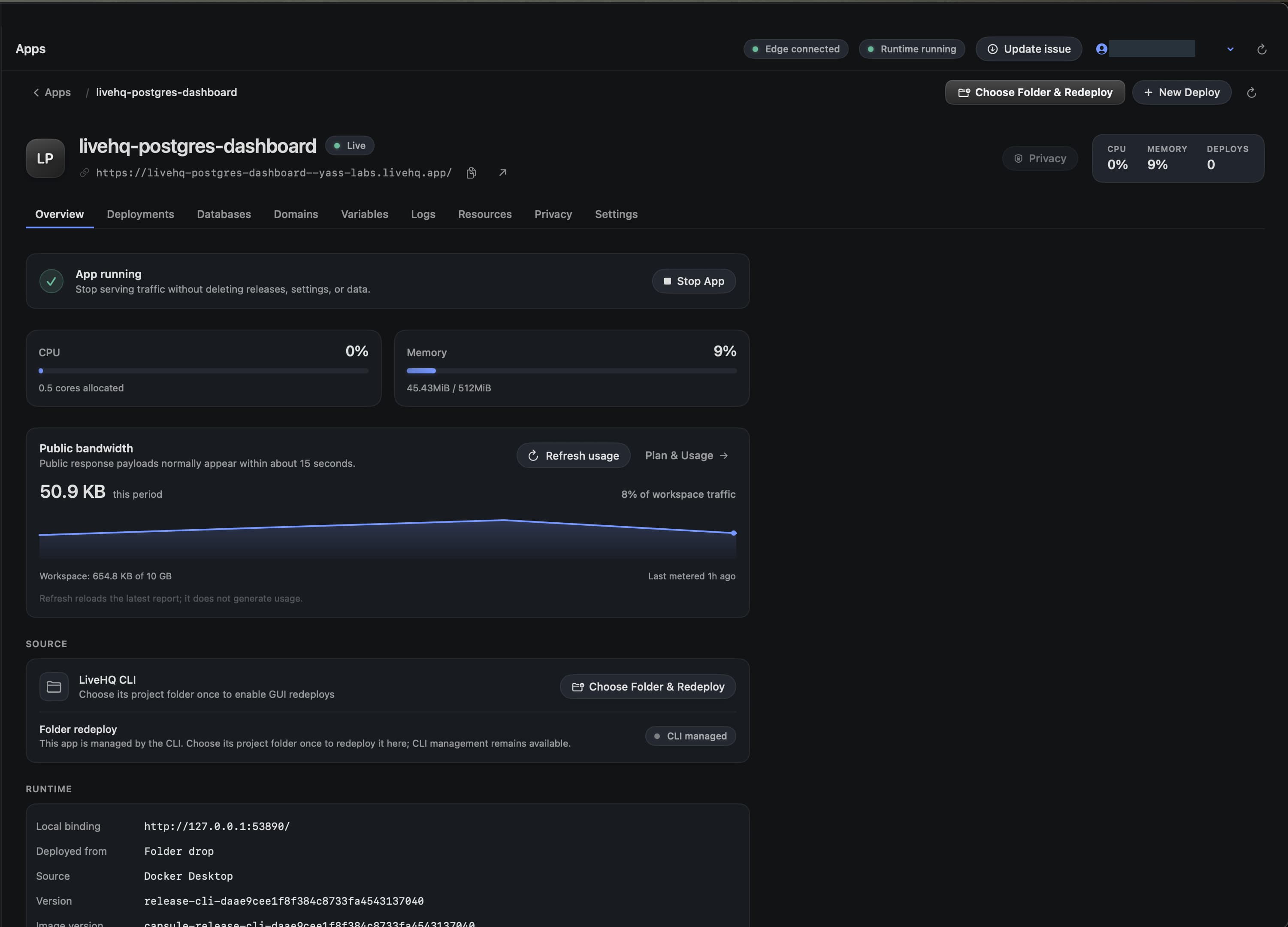 LiveHQ app overview with the CLI-managed source panel and Choose Folder & Redeploy control.