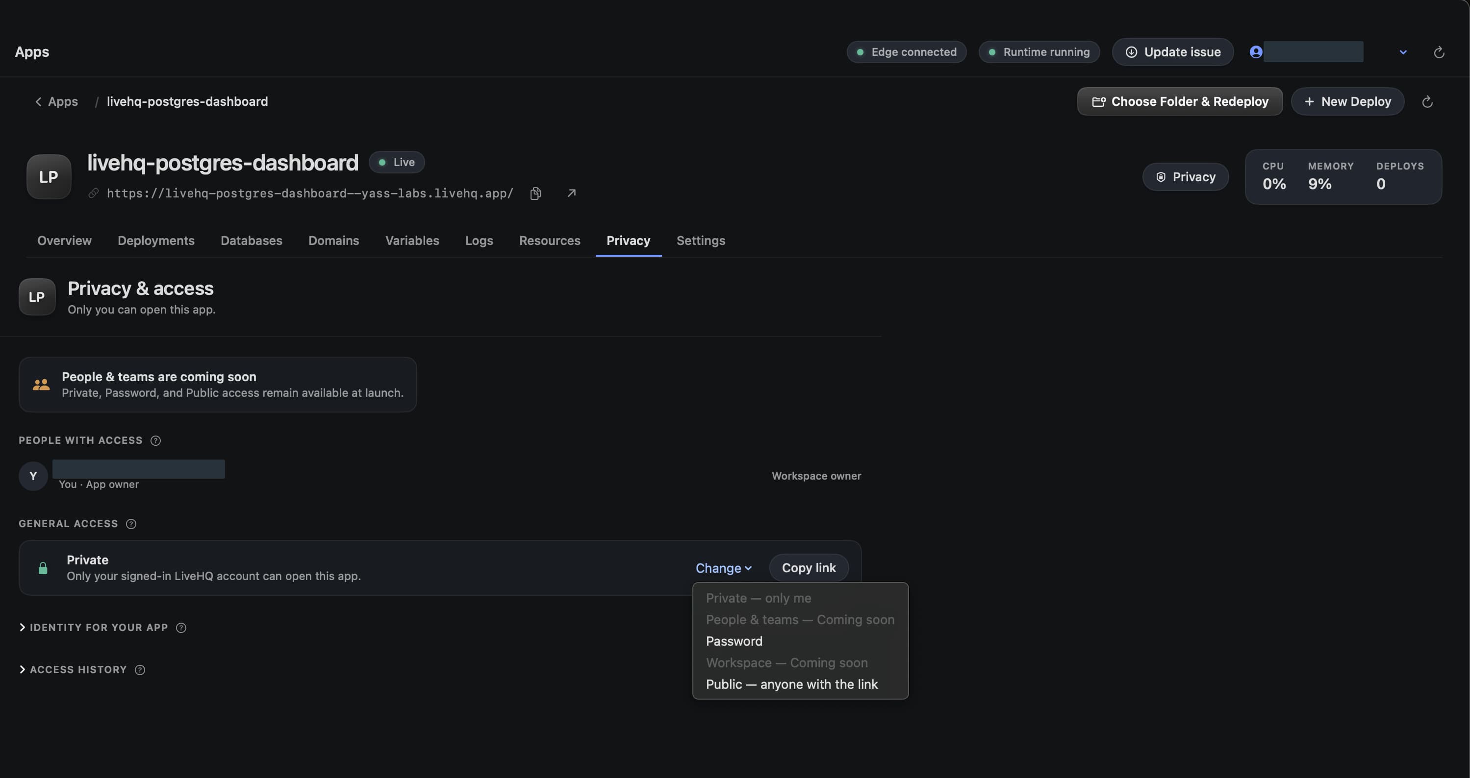 LiveHQ Privacy and access with Private selected and the Change menu open to Private, Password, and Public; personal email is hidden.