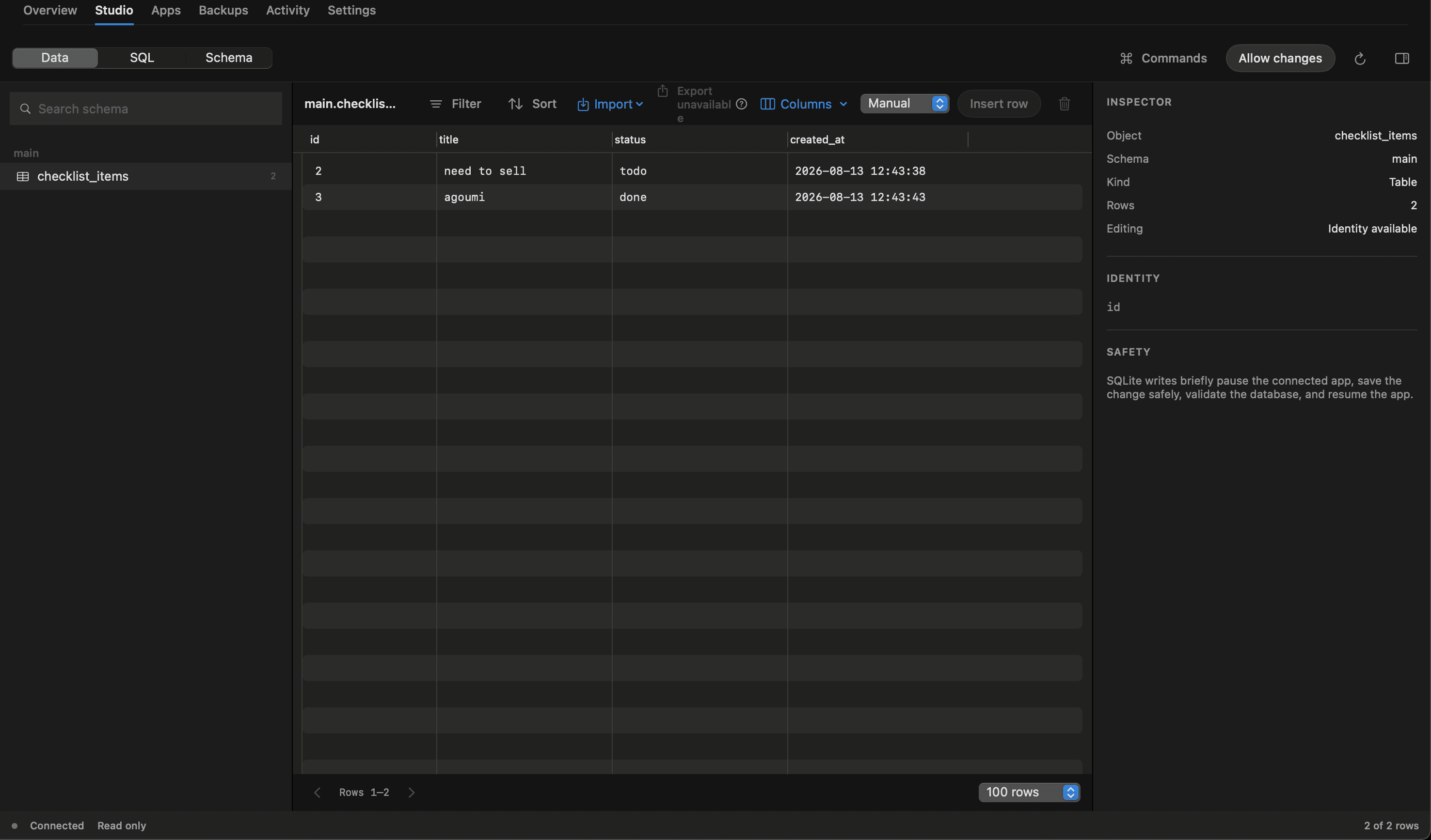 LiveHQ Database Studio showing a SQLite table, rows, filters, import controls and schema inspector.